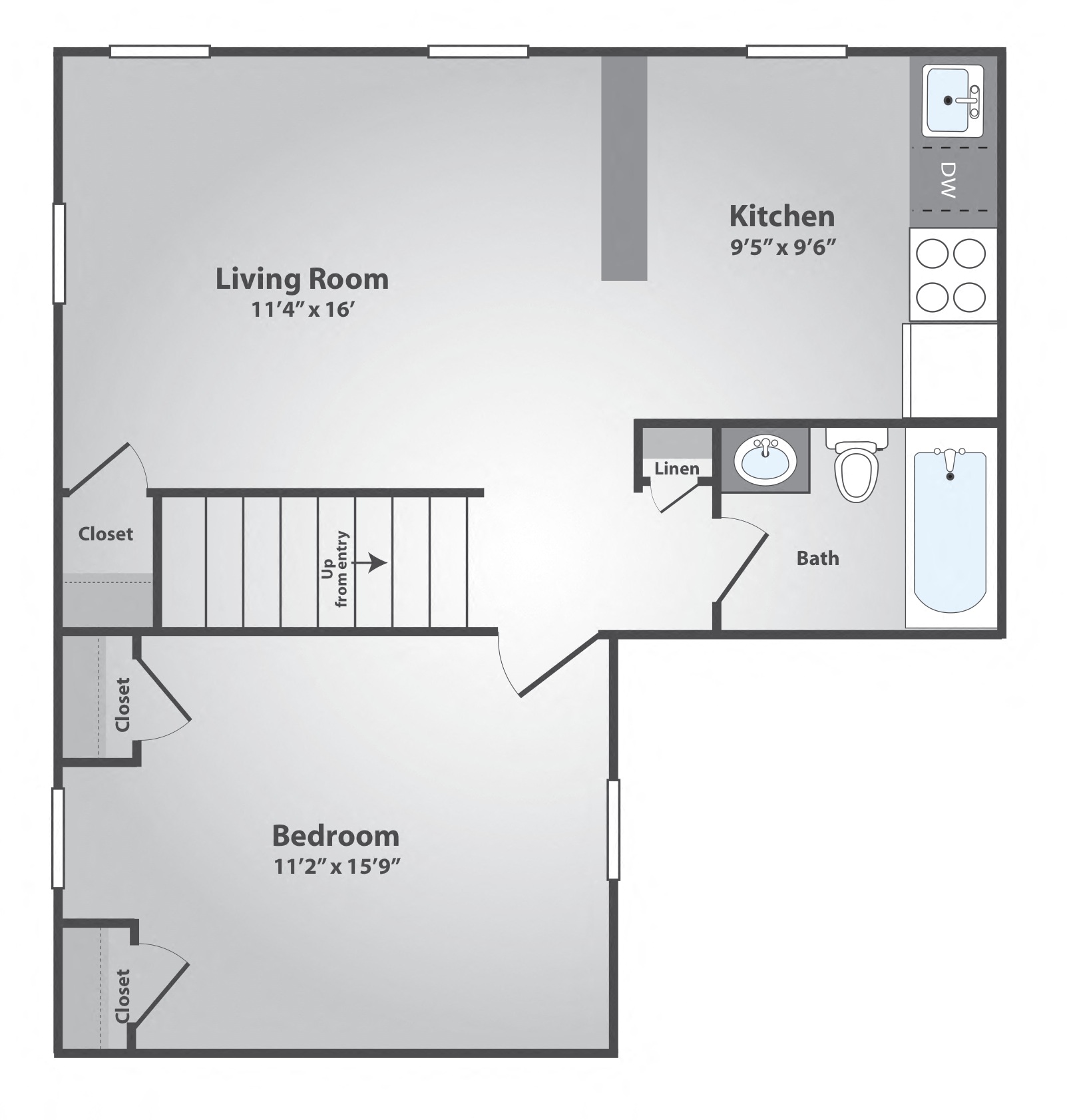 Floor plan for 1 bed, 1 bath, 575 sqft